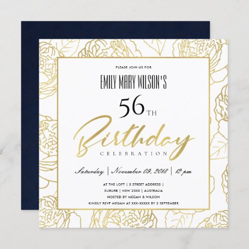 LUXE NAVY GOLD ROSE FLORAL ANY AGE BIRTHDAY INVITATION