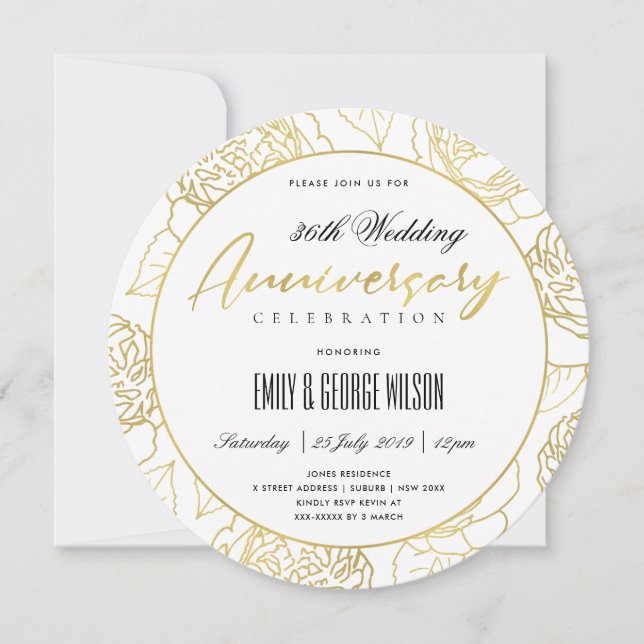 LUXE NAVY GOLD ROSE FLORAL ANY YEAR ANNIVERSARY INVITATION (Front)