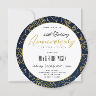 LUXE NAVY GOLD ROSE FLORAL ANY YEAR ANNIVERSARY INVITATION