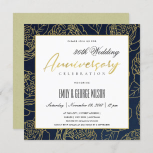LUXE NAVY GOLD ROSE FLORAL ANY YEAR ANNIVERSARY INVITATION