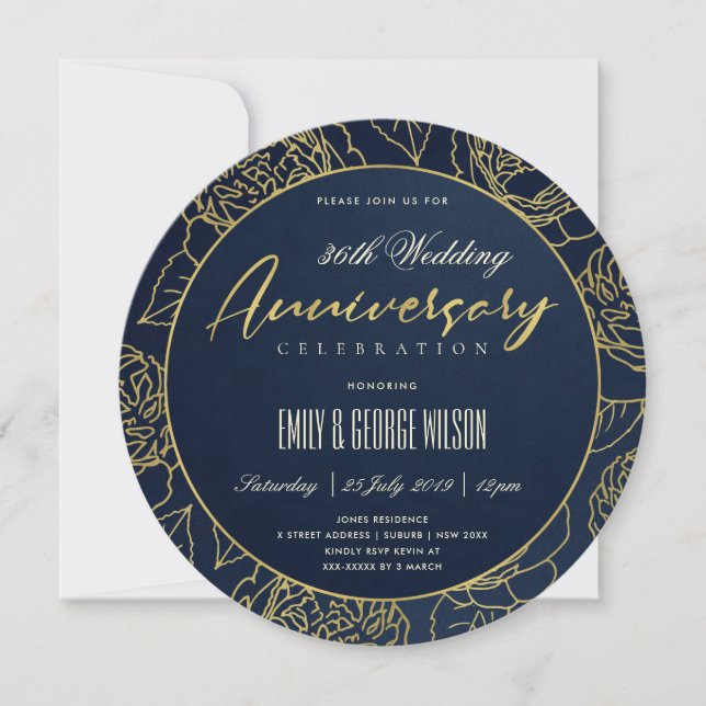 LUXE NAVY GOLD ROSE FLORAL ANY YEAR ANNIVERSARY INVITATION (Front)