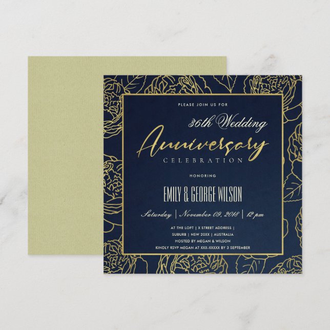 LUXE NAVY GOLD ROSE FLORAL ANY YEAR ANNIVERSARY INVITATION (Front/Back)