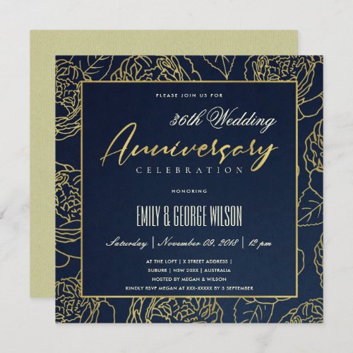LUXE NAVY GOLD ROSE FLORAL ANY YEAR ANNIVERSARY INVITATION