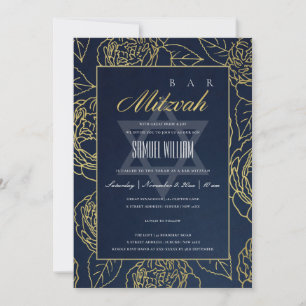 LUXE NAVY GOLD ROSE FLORAL BAT BAR MITZVAH INVITE