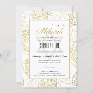 LUXE NAVY GOLD ROSE FLORAL BAT BAR MITZVAH INVITE