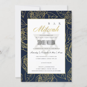 LUXE NAVY GOLD ROSE FLORAL BAT BAR MITZVAH INVITE