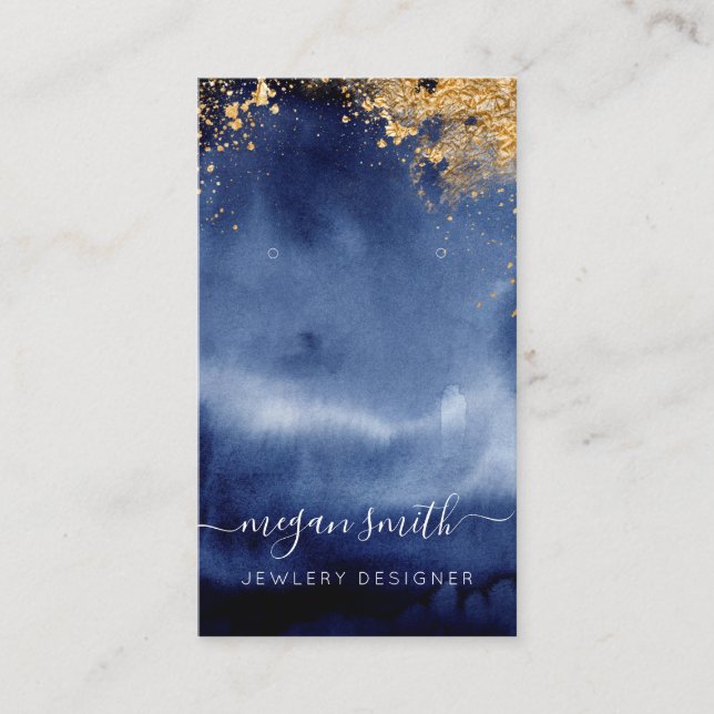 Luxe Navy Gold Watercolor Jewelry Display Card (Front)