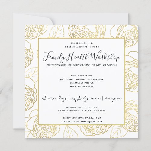 LUXE NAVY GOLD WHITE ROSE FLORAL WORKSHOP EVENT INVITATION