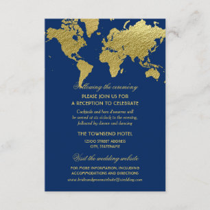 Luxe Navy Gold World Map Wedding Reception Enclosure Card