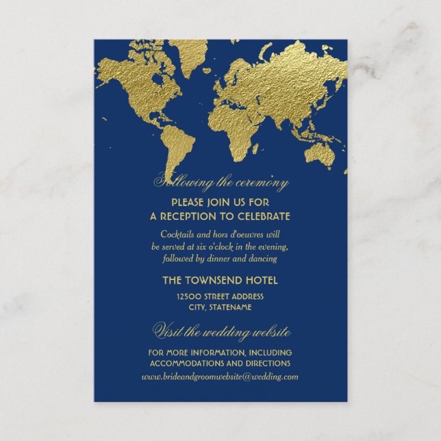 Luxe Navy Gold World Map Wedding Reception Enclosure Card (Front)