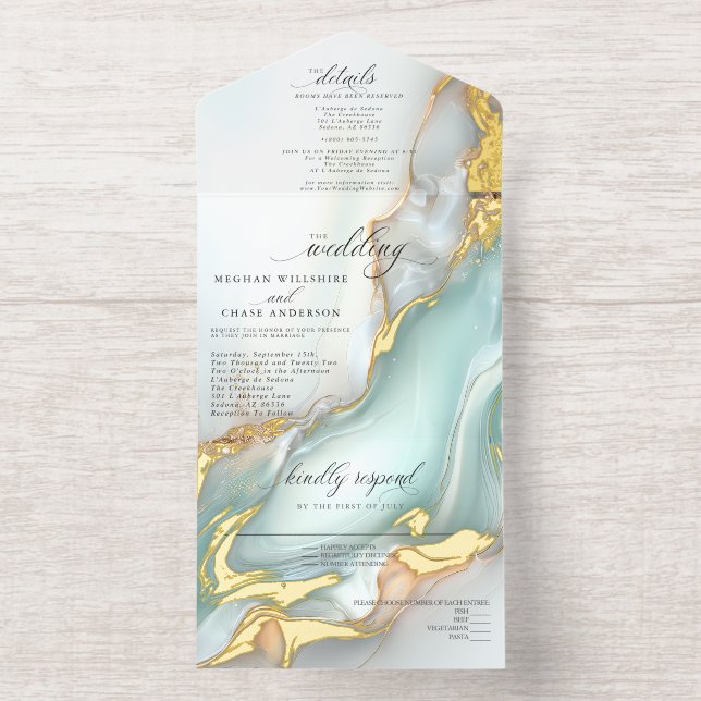 Luxe Opal Teal Gold Fluid Alcohol Ink All In One Invitation (Inside)