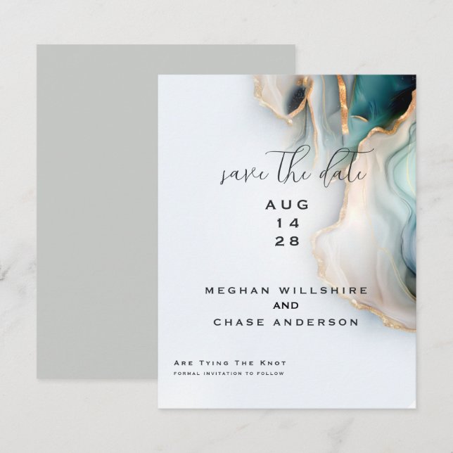 Luxe Opal Teal Gold Fluid Alcohol Ink Invitation (Front/Back)