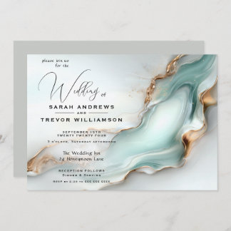 Luxe Opal Teal Gold Fluid Alcohol Ink Invitation