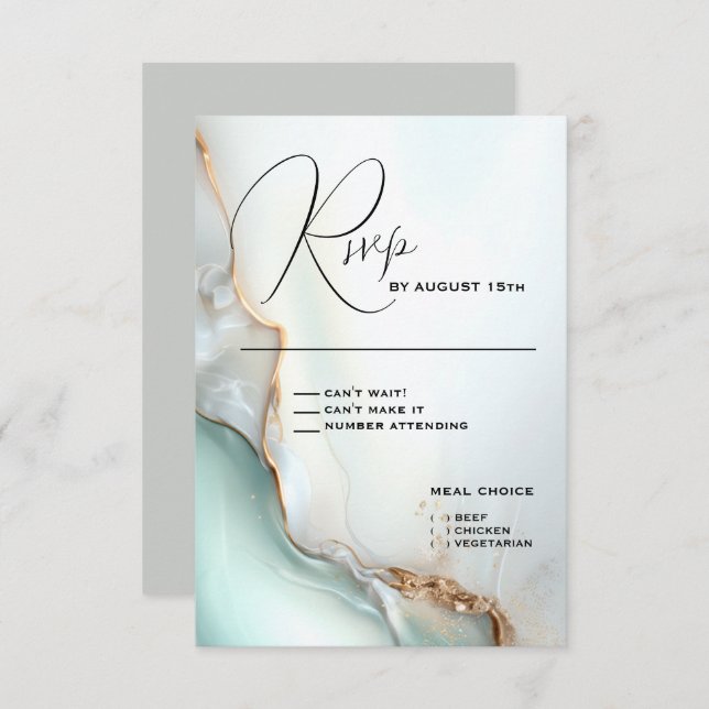 Luxe Opal Teal Gold Fluid Alcohol Ink RSVP Card (Front/Back)