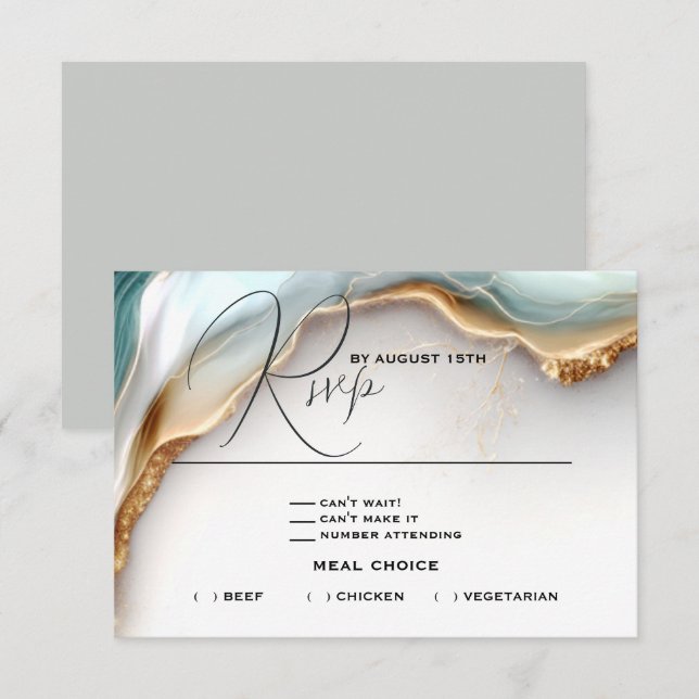 Luxe Opal Teal Gold Fluid Alcohol Ink RSVP Card (Front/Back)