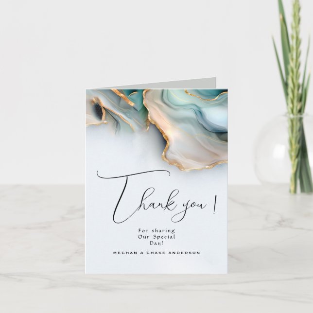 Luxe Opal Teal Gold Fluid Alcohol Ink Thank You Card (Front)