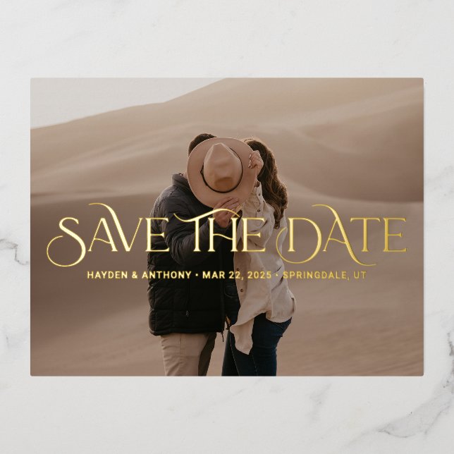 Luxe Overlay FOIL Wedding Save The Date Postcard (Front)