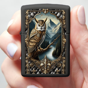 Luxe Owl Mountain Ocean Leather Art Zippo Lighter
