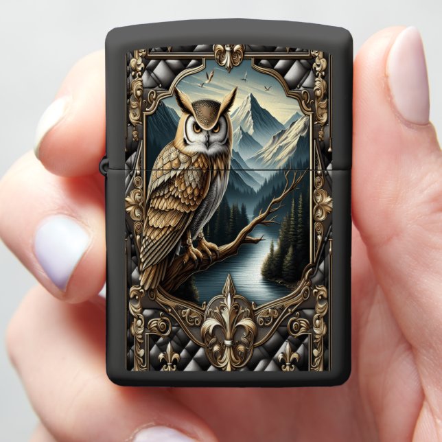 Luxe Owl Mountain Ocean Leather Art Zippo Lighter (In Hand)