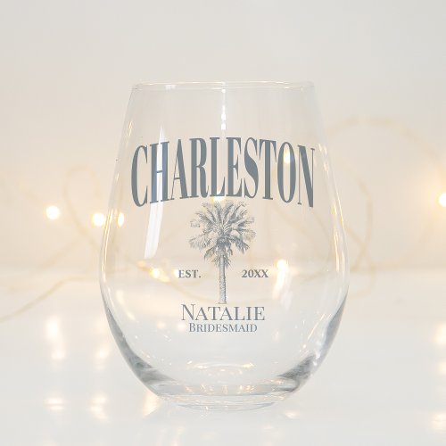 Luxe Palm Trees Charleston Coastal Bachelorette Stemless Wine Glass