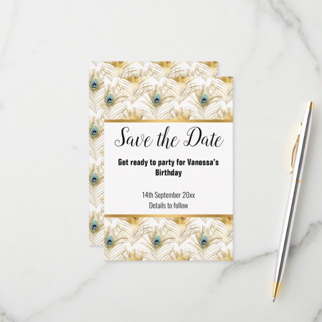 LUXE PEACOCK FEATHER GOLD SAVE THE DATE RSVP CARD (Front/Back In Situ)