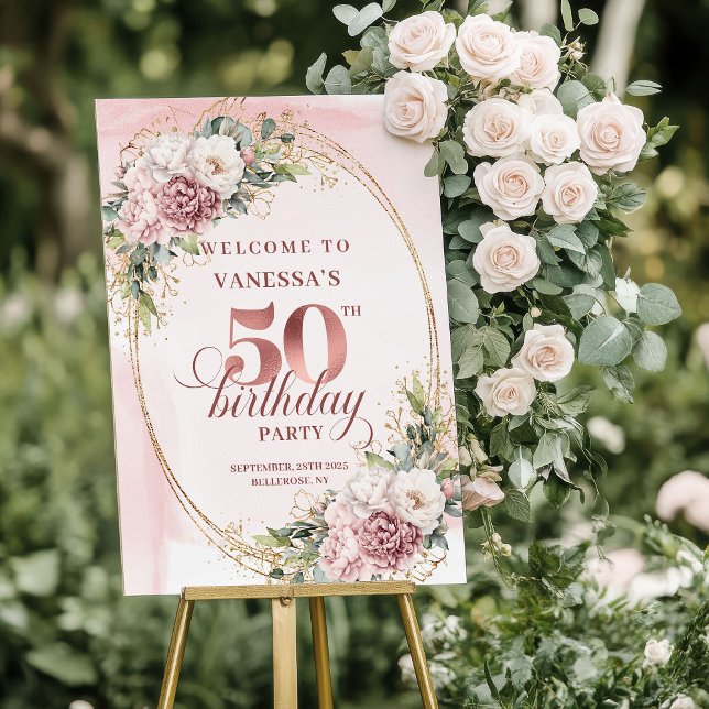 Luxe Peony Greenery Rose Gold 50th Birthday Sign (Luxe Peony Greenery Rose Gold 50th Birthday Sign)