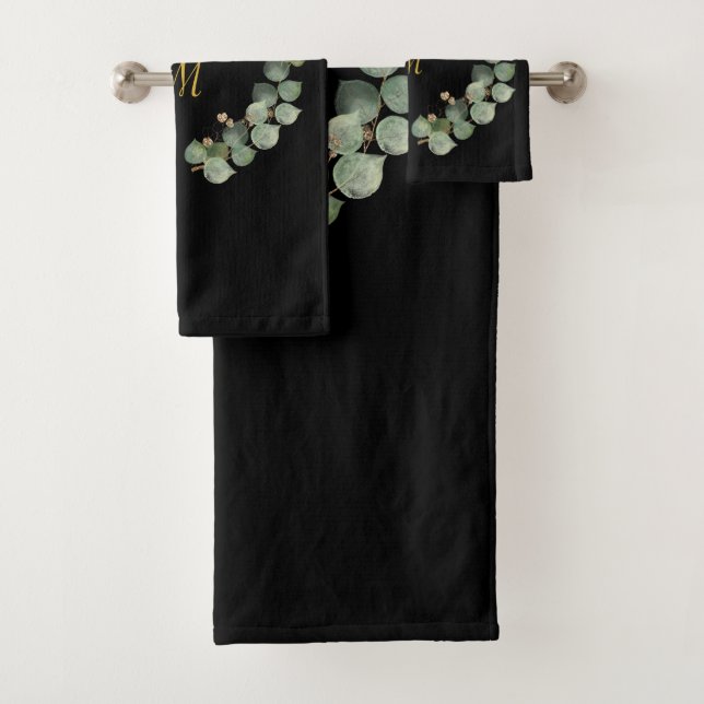 LUXE PERSONALISED EUCALYPTUS BLACK WREATH  BATH TOWEL SET (Insitu)