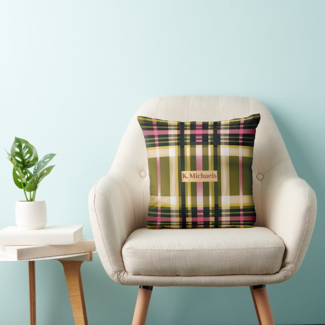 Luxe Personalized Olive Green, Gold & Pink Plaid Throw Pillow (Chair)