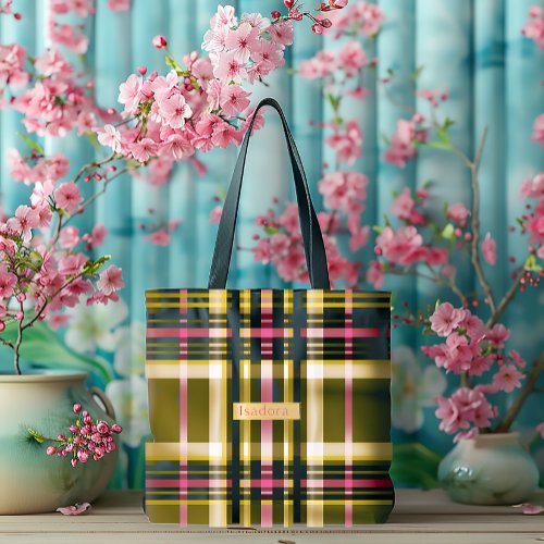 Luxe Personalized Olive Green Gold  Pink Plaid Tote Bag