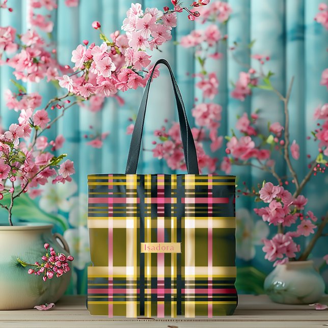 Luxe Personalized Olive Green, Gold & Pink Plaid Tote Bag (Gorgeous Spring Green and Pink Summer Tote Everything Bag)