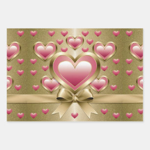 Luxe Pink Hearts Gold Glitter Ribbon Bow Wrapping  Paper Sheets