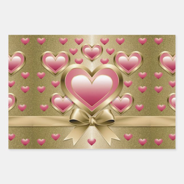 Luxe Pink Hearts Gold Glitter Ribbon Bow Wrapping  Paper Sheets (Front)