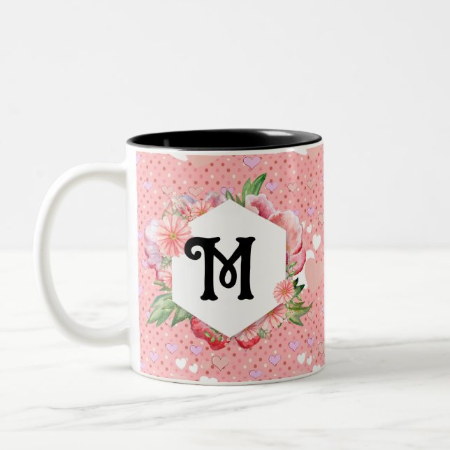 Luxe pink hearts vibrant romantic wallpaper Two-Tone coffee mug (Left)
