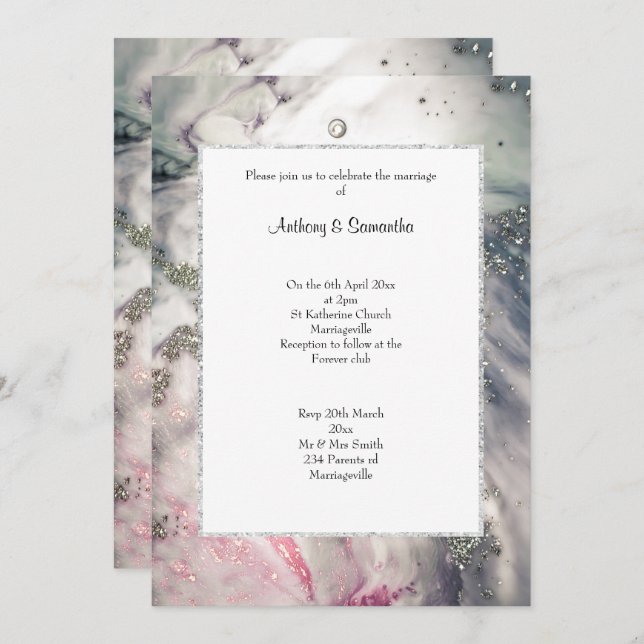 LUXE PINK MARBLE GLITTER WEDDING Invitation (Front/Back)