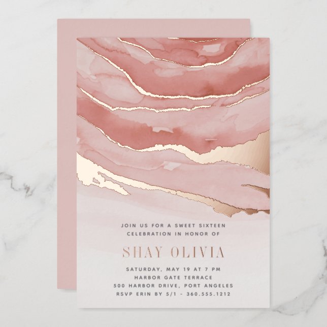 Luxe Pink Marble Sweet Sixteen Birthday Foil Invitation (Front/Back)