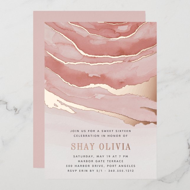 Luxe Pink Marble Sweet Sixteen Birthday Foil Invitation (Front/Back)