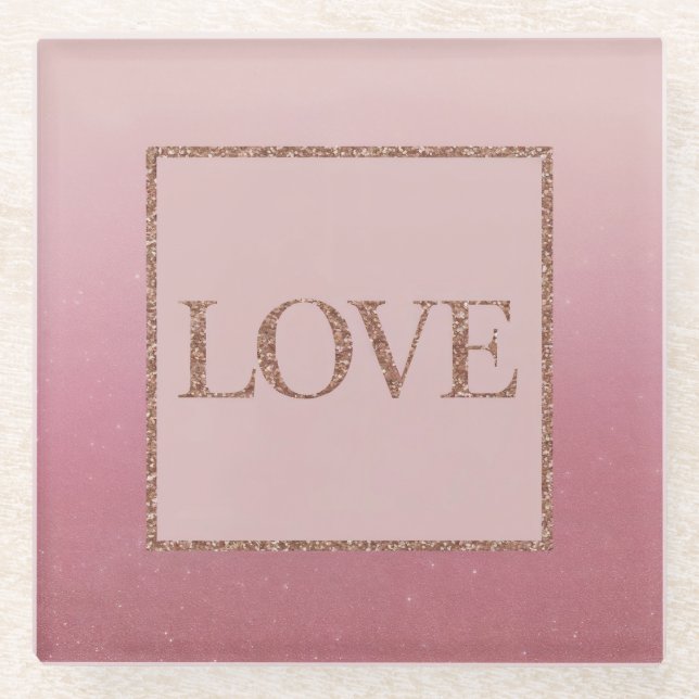 Luxe Pink Ombre Rose Gold Sparkle Glass Coaster (Front)
