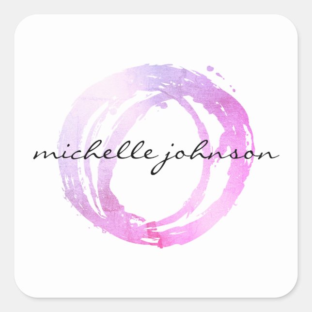 Luxe Pink Painted Circle Designer Logo Square Sticker (Front)