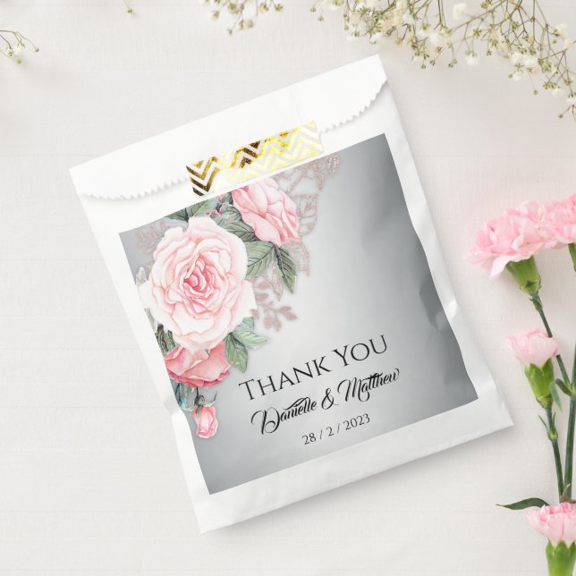 Luxe Pink Rose Bouquet and Silver Wedding Favor Bag (Sealed)