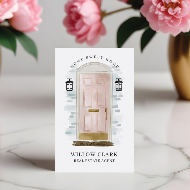 Luxe Pink Watercolor Door Real Estate Photo Logo  Business Card (Chic Pink Watercolor Front Door Photo & Services Business Card)