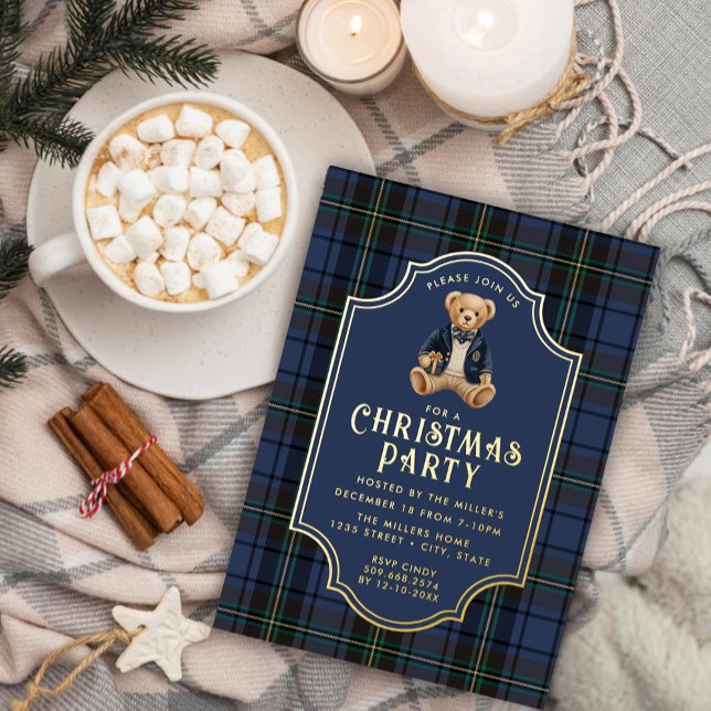 Luxe Preppy Plaid Christmas Teddy Bear Foil Invitation (Creator Uploaded)