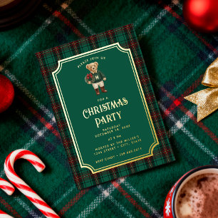 Luxe Preppy Plaid Christmas Teddy Bear Foil Invitation