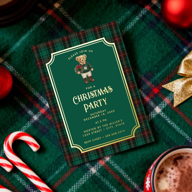 Luxe Preppy Plaid Christmas Teddy Bear Foil Invitation (Creator Uploaded)