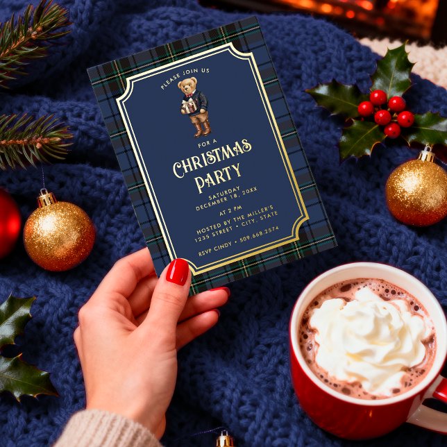 Luxe Preppy Plaid Christmas Teddy Bear Foil Invitation (Creator Uploaded)