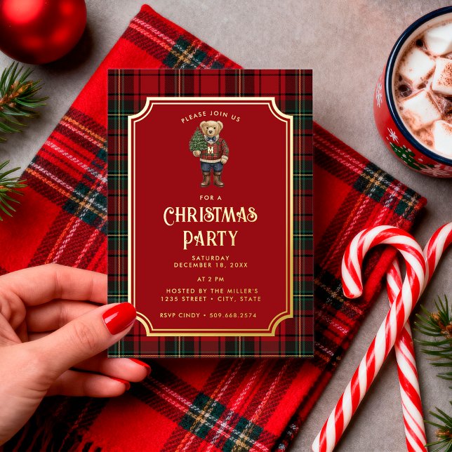 Luxe Preppy Plaid Christmas Teddy Bear Foil Invitation (Creator Uploaded)