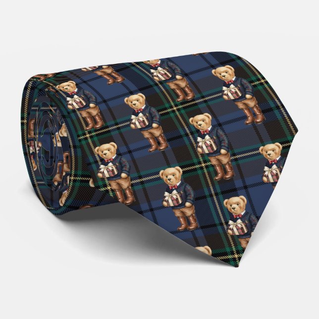 Luxe Preppy Plaid Christmas Teddy Bear Neck Tie (Rolled)
