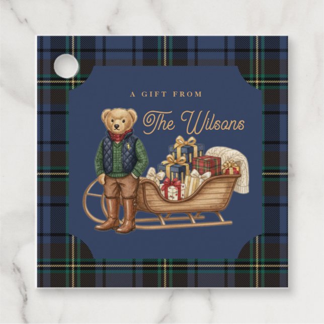 Luxe Preppy Plaid Christmas Teddy Bear Photo Card Favor Tags (Front)