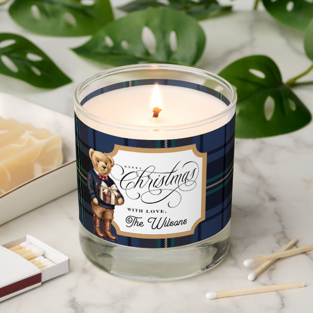 Luxe Preppy Plaid Christmas Teddy Bear  Scented Candle (Lit)