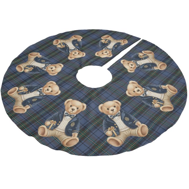 Luxe Preppy Plaid Teddy Bear Brushed Polyester Tree Skirt (Angled)