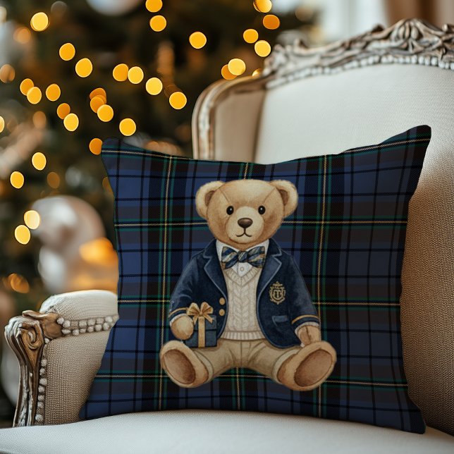 Luxe Preppy Plaid Teddy Bear Throw Pillow (Creator Uploaded)